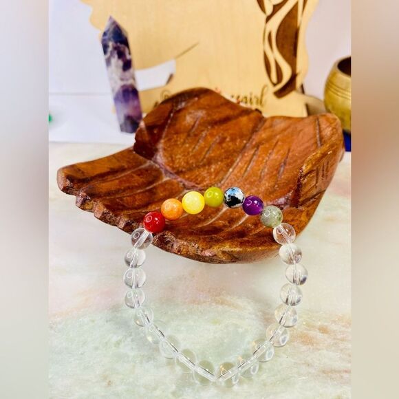 Handmade Clear Quartz& Mixed Rainbow Gemstone Bead Bracelet - Picture 5 of 6